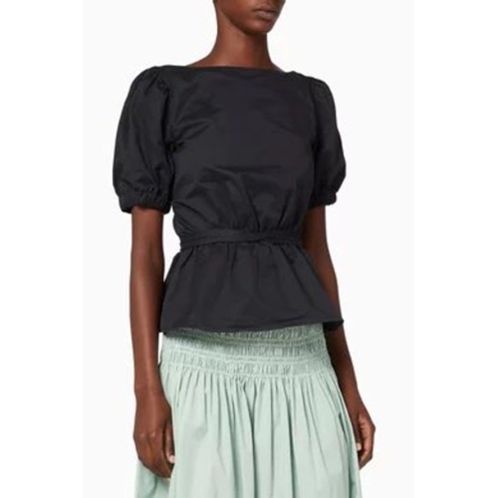 STAUD Marie Open Back Peplum Top Strappy Tie Waist XS Black Puff Sleeves